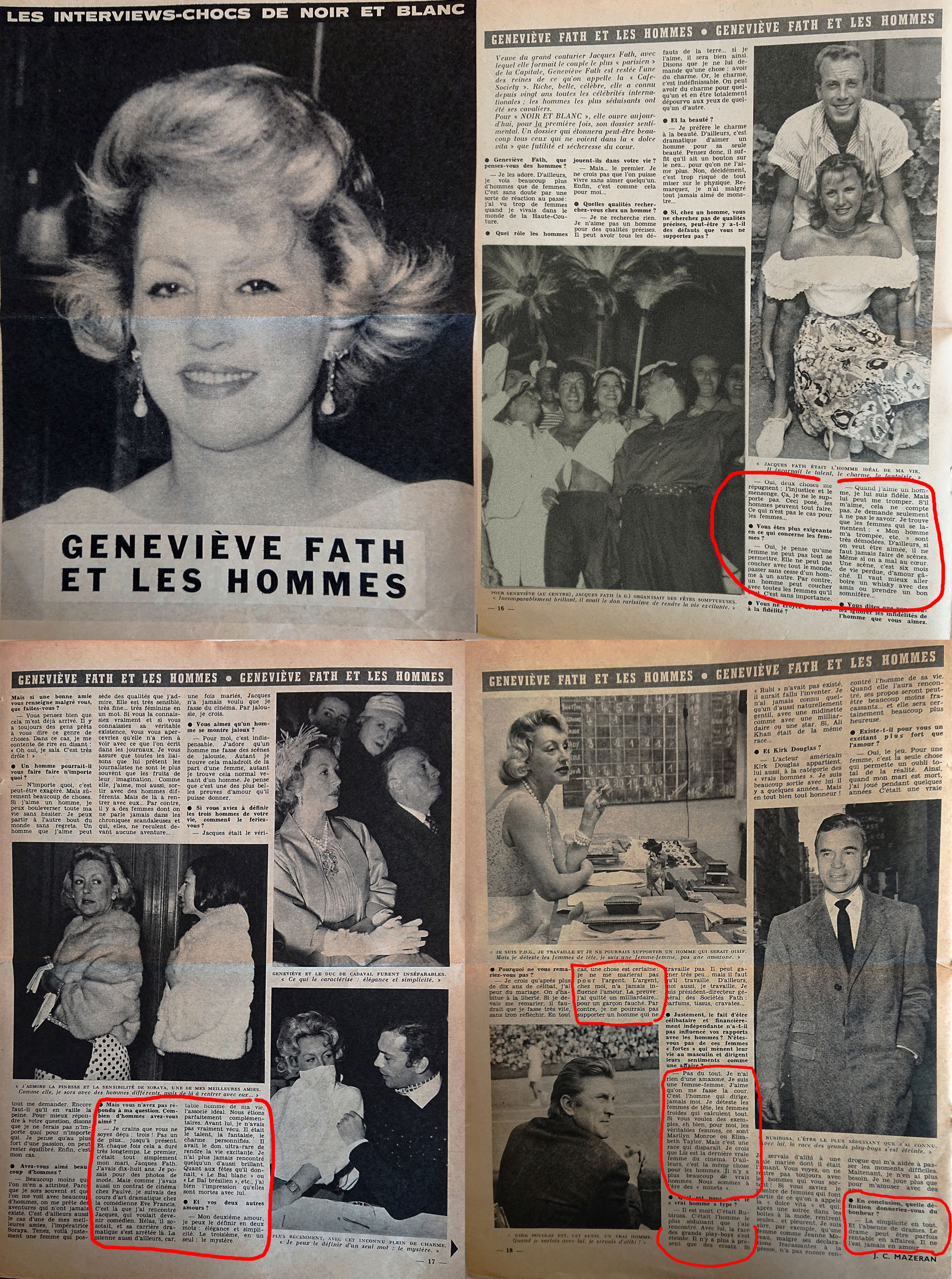 Une « success story » de la Collaboration, à comparer avec les « vérités » de Geneviève Fath 13 ans après la mort de son couturier de mari et plus de 20 ans après sa période Otto Abetz. (Revue Noir et Blanc, 7-10 mai 1967)