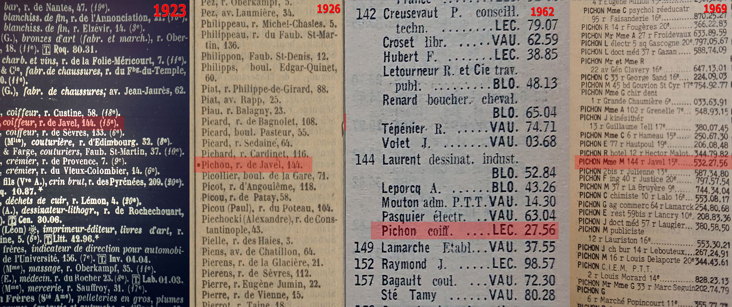 Les annuaires des abonnés au téléphone montrent que Charles Pichon exerça la profession de coiffeur depuis l’année 1922 jusqu’à sa mort, en 1968. En 1969, c’est sa fille, Marcelle Pichon, qui reprend le numéro de téléphone, mais le salon de coiffure n’est plus mentionné.<br><br>