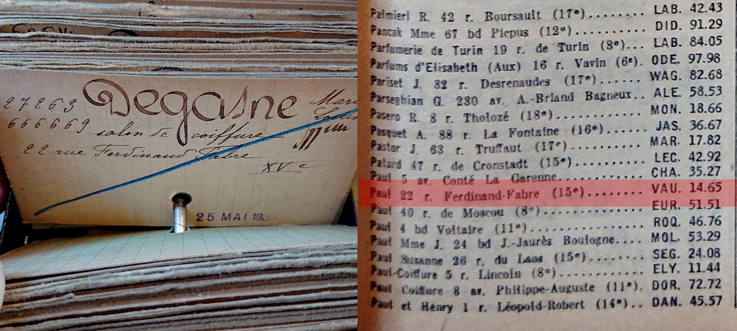 En fait, Degasne était le nom d’un salon de coiffure situé 22 rue Ferdinand Fabre, tout à côté de la rue de Javel (Registre du commerce de Paris). Tenu par une certaine Marie-Louise Degasne, ce salon de coiffure s’appelait… « Paul », comme le « grand amour » de Marcelle Pichon ! (voir pastille 26) (Bottin téléphonique par professions de l’année 1954, rubrique « coiffeurs pour dames ».)<br><br>