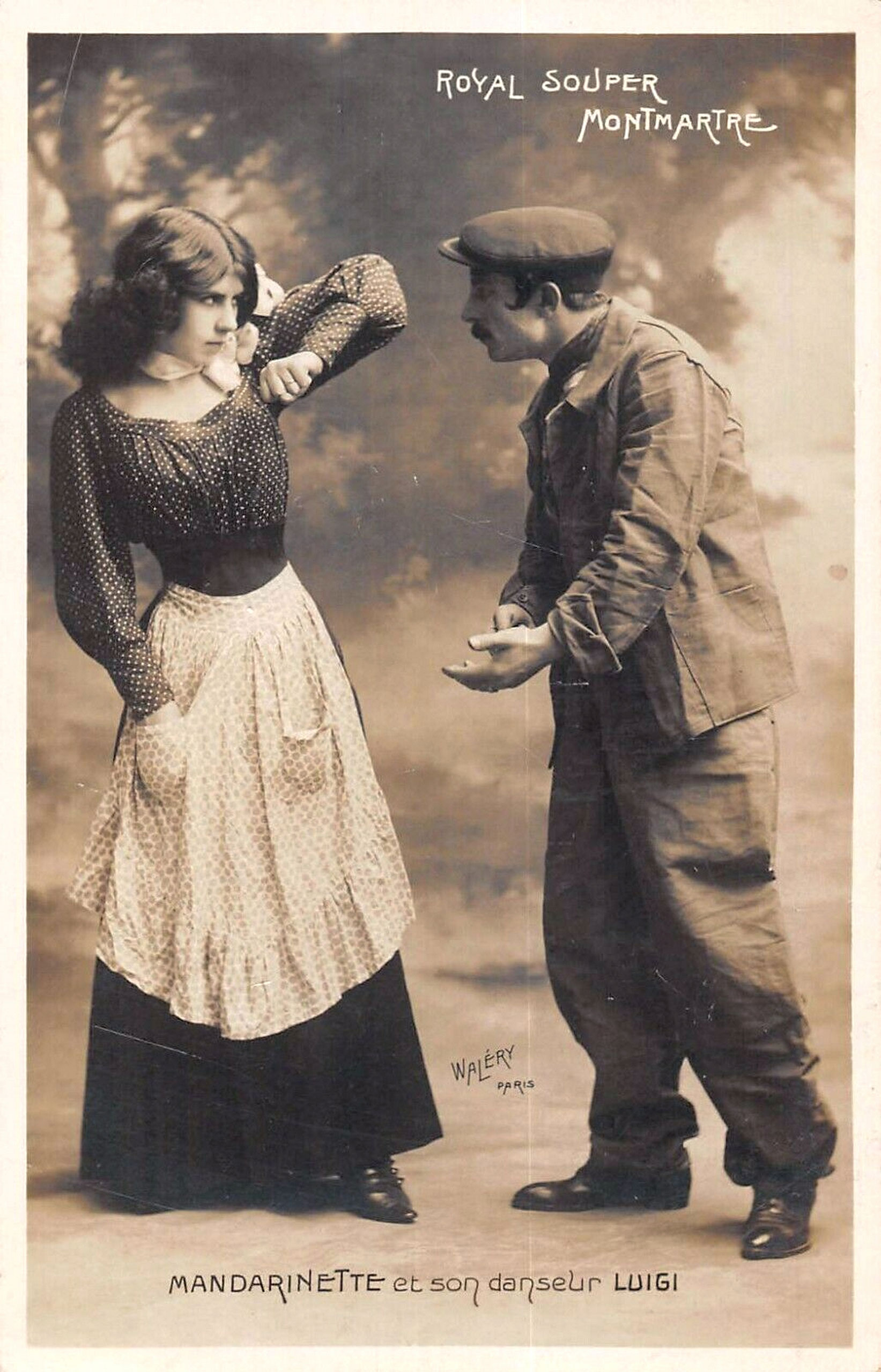 Inventée dans les années 1900 et chorégraphiant de façon acrobatique les amours tumultueuses d’un proxénète et de sa ginette, la « danse apache » fit les beaux jours des cabarets dans les années 1930. Ainsi cette carte postale de 1932 de Mandarinette et Luigi, qui se produisaient au Royal Souper, un night-club de Montmartre, où Olivier Créach, le second mari d’Eugénie Landré, jouait dans l’orchestre.