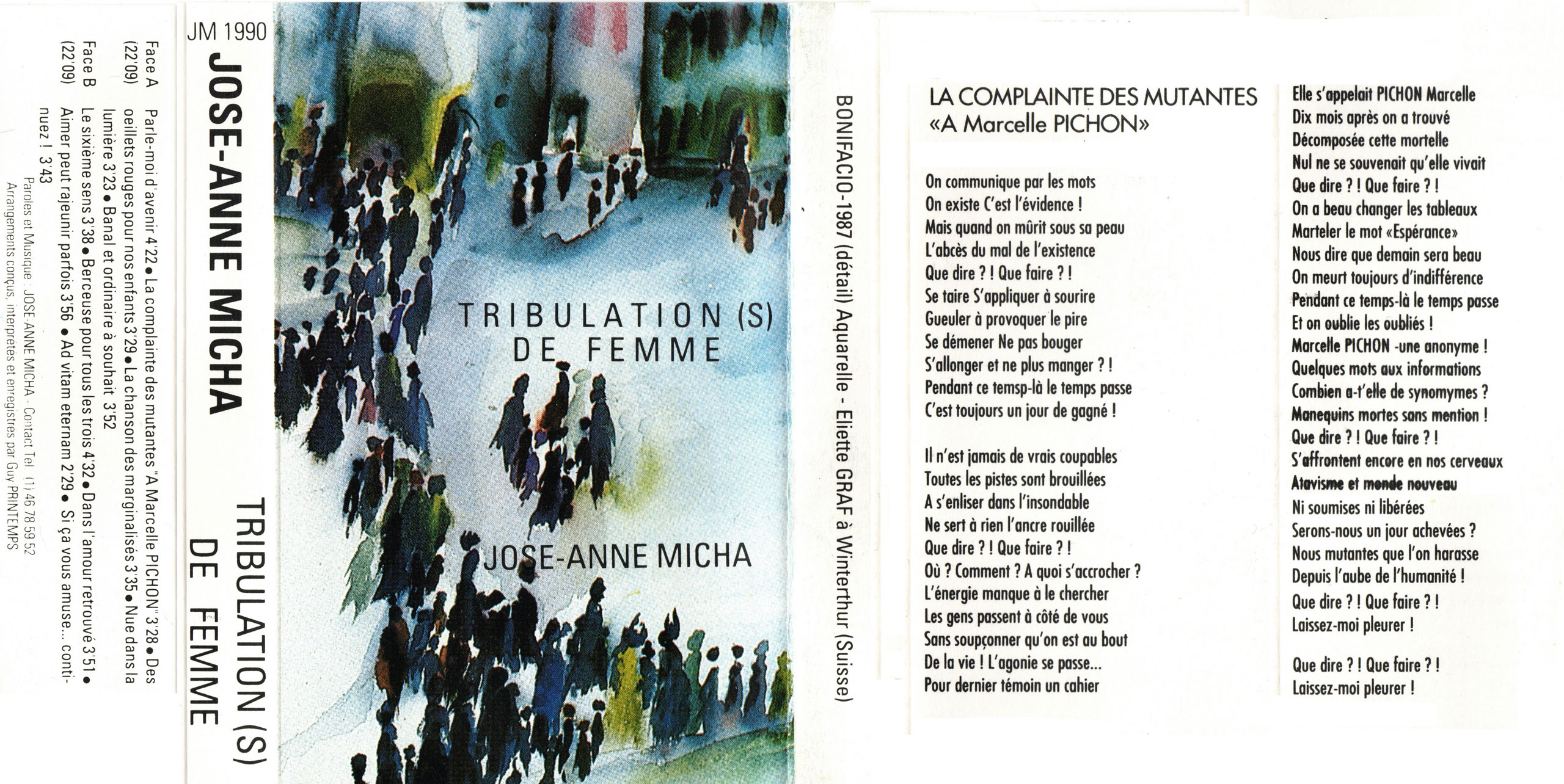 Jaquette de la cassette de l’album « Tribulation(s) de femme », sur lequel figure La Complainte des mutantes, avec les paroles de la chanson. (© Micha) <br><br>