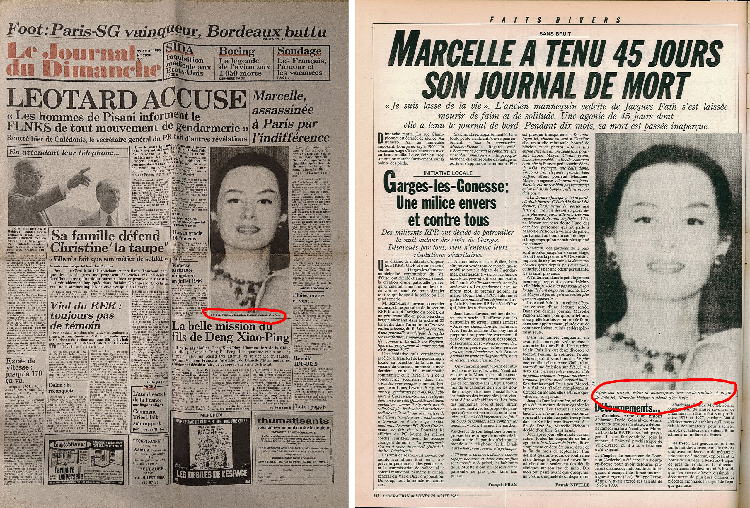 Rapportant, fin août 1985, le fait divers de la rue Championnet, le JDD et Libération publient la photo de Marcelle Pichon lorsqu'elle était mannequin chez Fath dans les années 1950. Sauf que…<br><br>