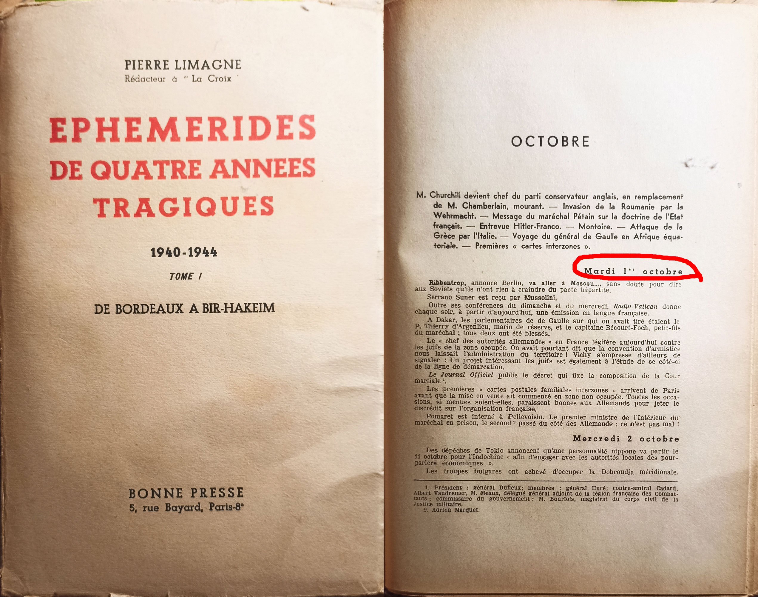 Le mardi 1er octobre 1940, alors que Paris est occupée par les Allemands depuis trois mois et que la France vit désormais à l’heure de Vichy et du maréchal Pétain, Marcelle Pichon se marie à la mairie du 15e arrondissement avec Victor Baisse. Que se passait-il ce jour-là ? Réponse dans les Éphémérides que, quatre années durant, le journaliste et résistant Pierre Limagne s’évertua en secret à compiler, notant scrupuleusement le moindre événement dont il avait chaque jour connaissance. <br><br>